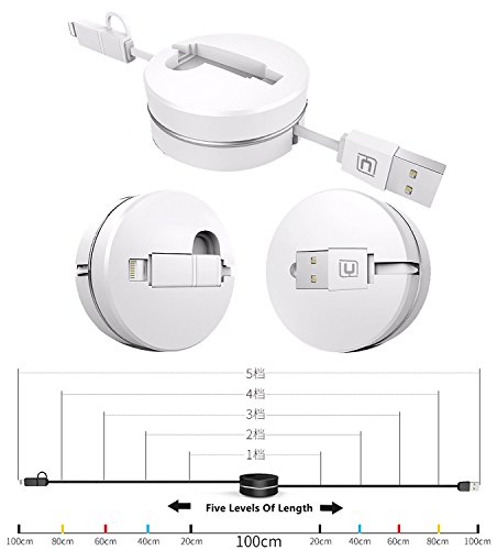 2 in 1 Lightning und Micro USB Einziehbares Kabel, cafele 1 m/Auslöser praktisch, aufrollbares Lightning und Micro USB Laden & Sync Daten Travel Kabel Adapter für iOS (8/9/10) & Android Phones Tablets - 2