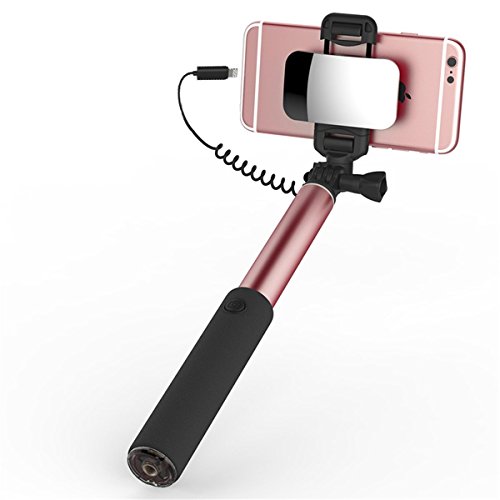 Selfie Stick [ iPhone Lightning | Mirror | Wire Control (No Bluetooth) ] ,YooGoal Extendable Compact Handheld Monopod with Mirror for HD Rear Camera Shooting and Built-in Remote Shutter for iPhone X 8 8Plus 7 7Plus 6 6S Plus 5 5S (Rose Gold)
