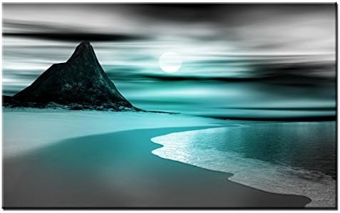 Lynxart – Sandybay 2 - New Teal grey wall art Large room wallart painting stretched and framed ready to hang. giclee seascape artwork 3 size decoration for home office living room kitchen (80cm x 50cm)