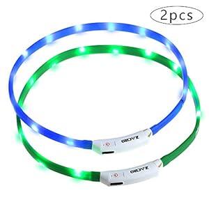 Zacro 2Pcs Collar Perro Luz-Collar Perro LED Brillantes, USB Recargable Collar Perro Seguro para Mascotas, 3 Modos de LED Perro Collar Brillantes y Longitud Ajustable para Perros(Verde y Azul)