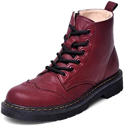 women martin short boots leather flat heel warm casual shoelace side zipper ankle shoes . red . 36