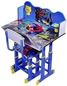 Toby Baby Desk/Kids Study Table Chair Set Premium Cartoon Printed Height Adjustable Age Between 3-11 Blue