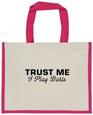 Trust Me I Play Darts in Black Print Jute Large Shopping Bag with Pink Handles and Trim