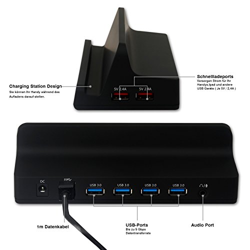 BESTEK Aktiv USB 3.0 Hub 4 Ports + 2 x 5V/2.4A Ladeports + 1 Audio Port mit 12V 3A Netzteil Dockingstation hat bis zu 5 Gbps Datentransferrate abwärtskompatibel Schwarz - 2