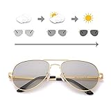 gafas de sol fotocromaticas ciclismo 【Diseño fotocrómico piloto clásico】 Esta lente fotocrómica mágica se basa en la intensidad de la luz solar y la luz ultravioleta, oscureciendo la lente gris claro. Además, estas gafas protegen los ojos sin interferir con su percepción del color. Además de su diseño clásico, siempre se adapta a su demanda diaria de vestir. Nuestra lente fotocromática sólo cambiará de color cuando se expone a la luz ultravioleta, y no cambiará de color al conducir o sin entornos UV