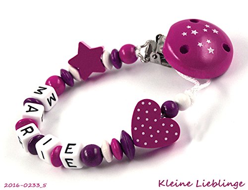 Schnullerkette mit Namen für Mädchen 3 - 10 Buchstaben Stern/Herz - Sternenclip dunkelpink, beere, weiß Mädchen