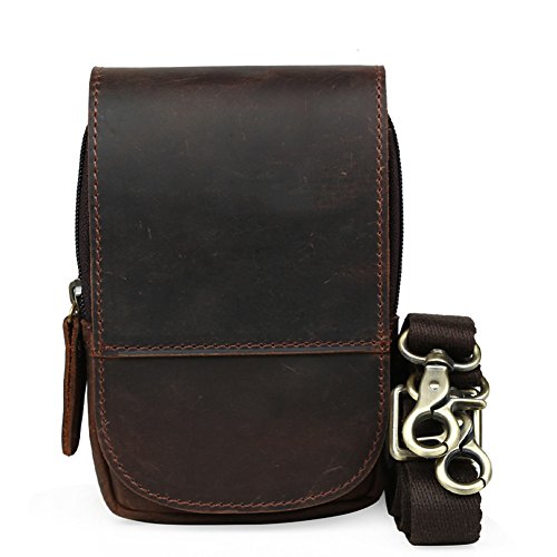Modelshow Retro Crazy Horse Small Bag Multifunction Genuine Leather Outdoor Packet Waist Bag Phone Bag for Men (Dark Brown)