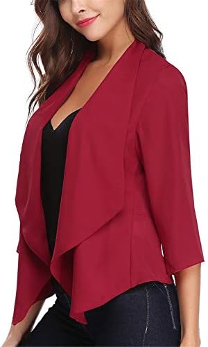 Women's Chiffon Casual 3/4 Long Sleeve Lightweight Waterfall Open Front Cardigan Blazer Coat