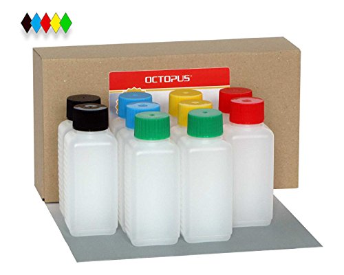 10 x 100 ml Kunststoffflaschen, Plastikflaschen aus HDPE mit unterschiedlich farbigen Deckeln in schwarz, blau, rot, gelb und grün