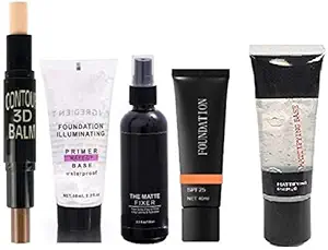 Vedy Quality Make Up Combo Kit For Girls & Women, 1 Foundation Illuminater Primer Base, 1 Free Matti Fying Primer, 2 In 1 Concealer And Highlighter Stick, 1 High Definition Foundation, 1 Matte Fixer