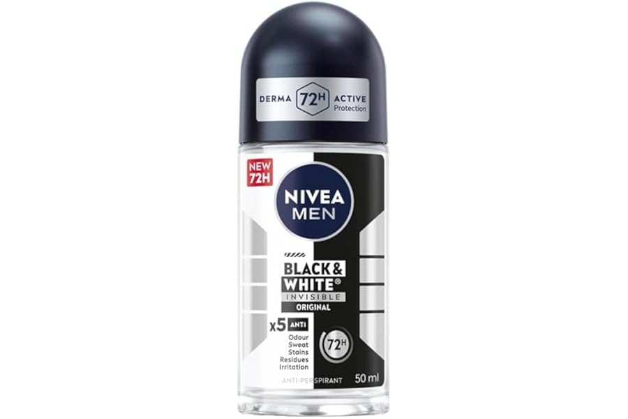 NIVEA MEN Black & White Original Anti-Perspirant Roll On (50ml), 72hr Anti-Sweat Roll On Deodorant for Men, No Stains on Black and White Clothes