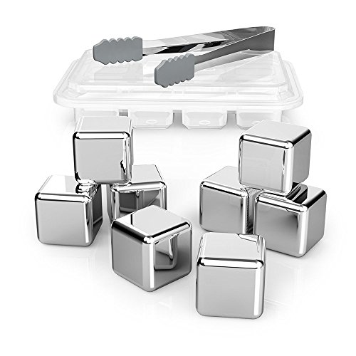 TaoTronics 8pzs Cubitos de Hielo Reutilizables, Cubos Enfriadores Whisky Piedras (Acero Inoxidable, con pinza y bandeja con tapa, para enfriar Whisky, Sidra, Vino, Cerveza) Aprobados por FDA