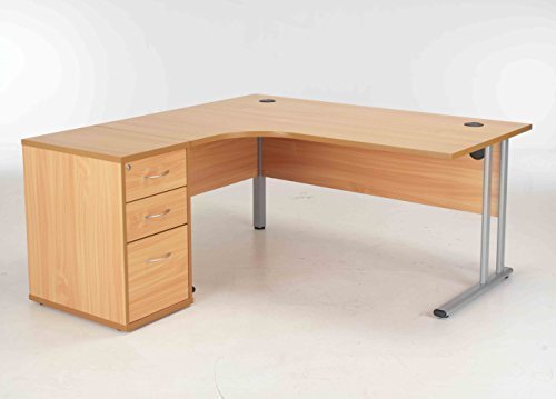 BiMi 1600mm Beech Ergonomic Left Hand Corner Beech Desk With 3 Draw Desk High Pedestal