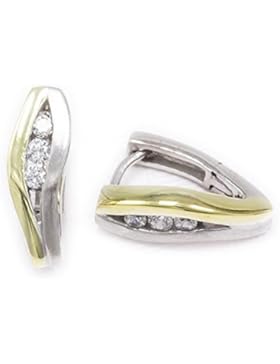 ASS 925 Silber Ohrringe Klappcreolen 2-farbig mit 3 Zirkonia, poliert/matt 14mm