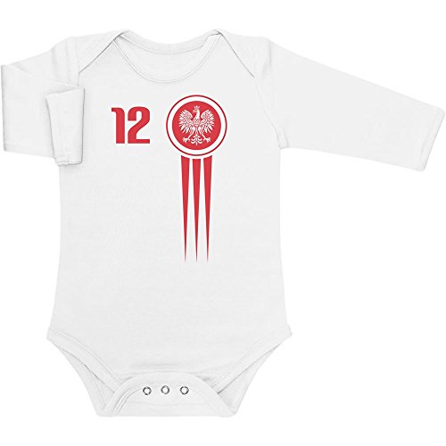 Polen Polska Nationalmannschft Baby Trikot Fanshirt Nr 12 Baby Langarm Body 62/68 (3-6M) Weiß