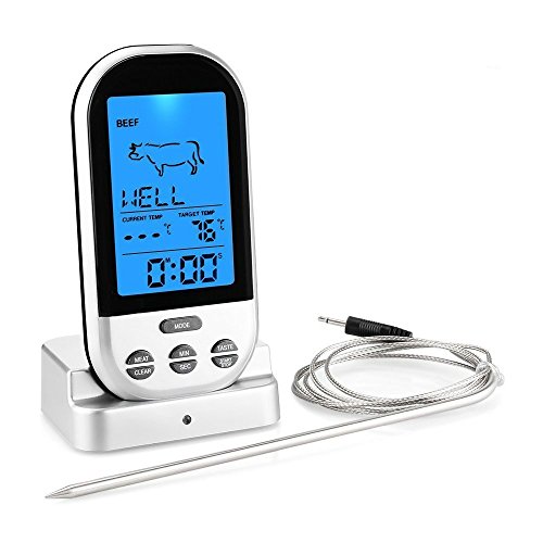 Wireless Barbecue Grill Thermometer ,SGODDE Digital Zeitmesser mit großem LCD-Display , Grillthermometer Bratenthermometer mit Timer für BBQ Kochen, Grill, Ofen, Fleisch, Indoor / Outdoor-Grill silber