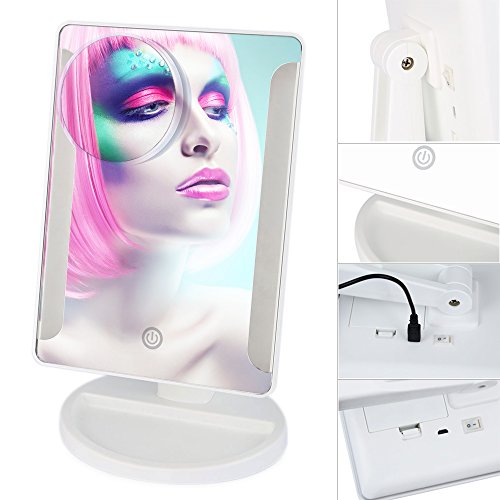 36 Dimmbare LED Makeup Spiegel, Touch Screen Kosmetikspiegel mit Abnehmbarem 10X Vergrößerungsfleck, Tragbarer Beleuchteter Eitelkeitsspiegel, USB und Batterien Geeignet Oben-Unten Schwenken Rasierspiegel für Reisen, Dressing, Rasieren (Weiß) - 2