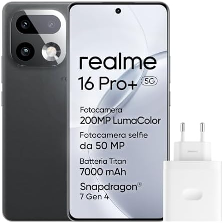 realme 16 Pro+ 5G Smartphone, 8GB+256GB, Display Curvo AMOLED 144Hz 6,8", Batteria 7000mAh, Fotocamera 200MP OIS, IP69K, Ricarica Rapida 80W, Doppia SIM, Next AI, Grigio (Con Adattatore)