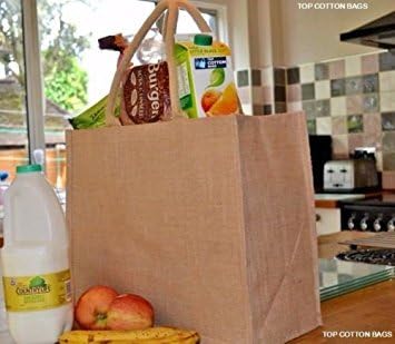 10 Pack x Jute Hessian Jumbo Shopping Bag with Natural Colour Cotton Corded Handles. Laminated inside making it 100% Waterproof. Size : 45cm x 39cm x 21cm