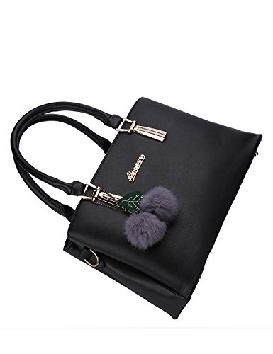 Frauen PU Leder Henkeltaschen mit Hairball Vintage Tasche Handtasche Umhängetasche Damen - 3