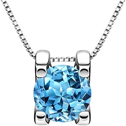 IXIQI Jewelry Topaz Necklace Round Swiss Blue Topaz 925 Real Sterling Silver 18K Gold Plated Pendant Necklaces for Women and Girls, 45cm Sterling Silver Chain