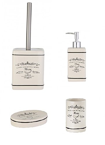 Bad Accessoire Set 4-teilig Keramik Design Paris Badezimmer Seifenspender Seifenschale WC-Bürste Becher