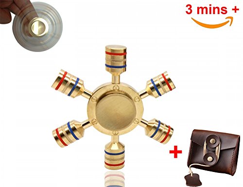 BagTu 6 Wings Brass Fidget Hand Spinner with Natural Leather Sheath - Low Noise - Long Spin Time