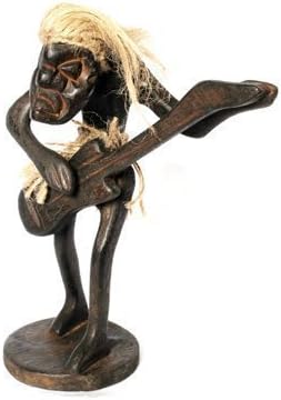 Humorous wooden statuette of hairy guitar player, handcarved, new, fair trade