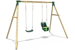 Rebo® Children's Wooden Garden Swing Set - Luna | OutdoorToys | Pressure Treated Timber, Soft Feel Ropes, Baby Swing Seat and Regular Seat, Sturdy Construction