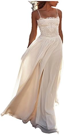DreamyDesign Womens Chiffon Bohemian Wedding Dress Spaghetti Strap Boho Beach Bridal Gown