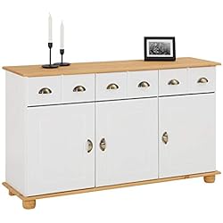 IDIMEX Buffet Colmar Commode bahut vaisselier Rangement avec 3 tiroirs et 3 Portes battantes en pin Massif lasuré Blanc et Brun