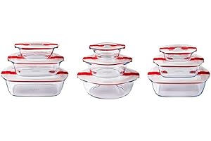 Pyrex Cook & Heat - Lot de 9 Boites - Tailles et Formes Différentes - Verre Borosilicate - Couvercle Hérmétique spécial Micro-Onde - Made in France