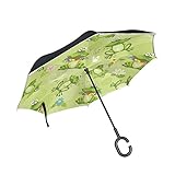 XiangHeFu - Paraguas invertido de Doble Capa, Diseño de Ranas y Flores Sobre Fondo Verde,...