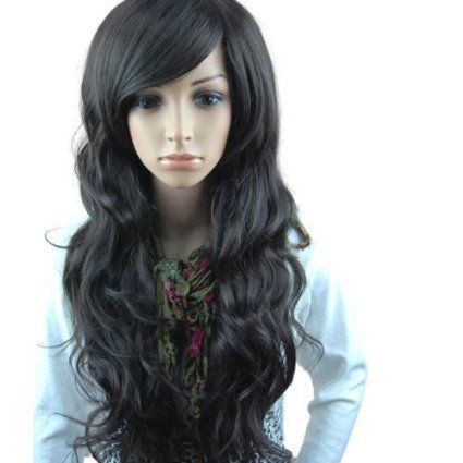 MelodySusie® schwarze lange lockige Perücke – hohe Qualität lange lockige Perücke inkl. Perückenkappe und Perückenkamm (schwarz) - 2