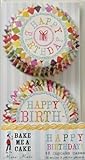 Meri Meri 45-0619 Cupcake Form, 48 Stück, 5,2 cm Bodendurchmesser, Papierförmchen, 'Happy Birthday'-Aufschrift, 2 verschiedene bunte Muster