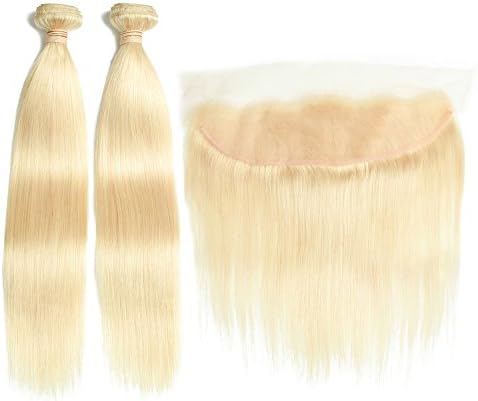 613 Blonde Straight Human Hair Bundles With 13x4 Lace Frontal Closure 100% Brazilian Virgin Hair Natural Color Extensions (14 16 with 12 inch)