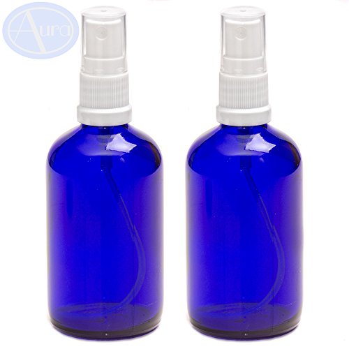 PACK of 2 - 100ml BLUE Glass Bottles with White ATOMISER Sprays. Essential Oil / Aromatherapy Use