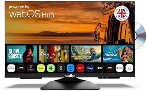 Cello C2425WSF 24" 230V 12V FULL HD SMART/DVD TV da campeggio e viaggio Lettore DVD integrato Sintonizzatore triplo senza cornice Bluetooth LG WebOS Altoparlante Pitch Perfect Camper Camion
