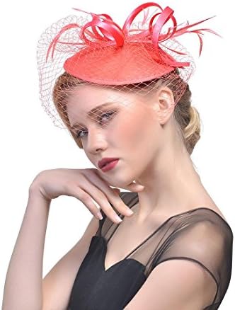 Ladies New Bride Hair Ornaments Photo Wedding Banquet Hat Head Flower Feather Cover Face veil Hair manual Ornaments Wedding Jewelry , watermelon red