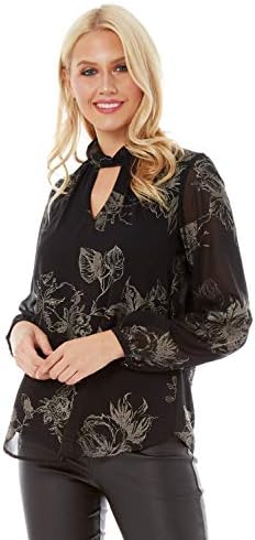 Roman Originals Women Twist Neck Foil Top - Ladies Floral Elegant Beautiful Chiffon Smart Formal Keyhole Neck Long Sleeve Christmas Tops Black
