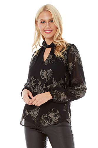 Roman Originals Women Twist Neck Foil Top - Ladies Floral Elegant Beautiful Chiffon Smart Formal Keyhole Neck Long Sleeve Christmas Tops Black