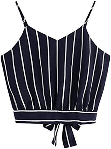Women Crop Vest, Hmeng Women Ladies Elegant Self Tie Back Crop Tank Fashion Striped V Neck Cotton Cami Top Casual Cotton Sleeveless Blouse for Girl (Navy, XL)