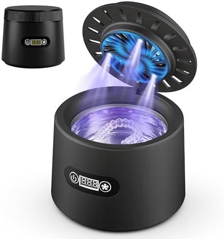 Pulitore ad ultrasuoni con luce UV e ventilatore, 180 ml, dentale Pod per binario dentale e protesi, 43 kHz, pulitore ad ultrasuoni con asciugatura rapida, pulizia delicata di gioielli e ciuccio, DC