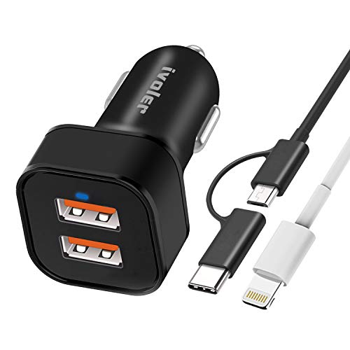 iVoler Quick Charge 3 0 Chargeur de Voiture 36W 2 Ports USB Chargeur Allume Cigare  2 QC 3 0 Port  avec C  ble iPhone  1m    2 en 1 C  ble Micro USB  