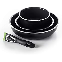 GreenChef CC001379-001 Set de Poêles et Casserole-Poignée Amovible-100% sans PFOA/PFA-Revêtement Antiadhésif Sain en Céramique-pour Induction/Four/Lave-Vaiselle-3 Pièces, Aluminium, Noir, 26 cm