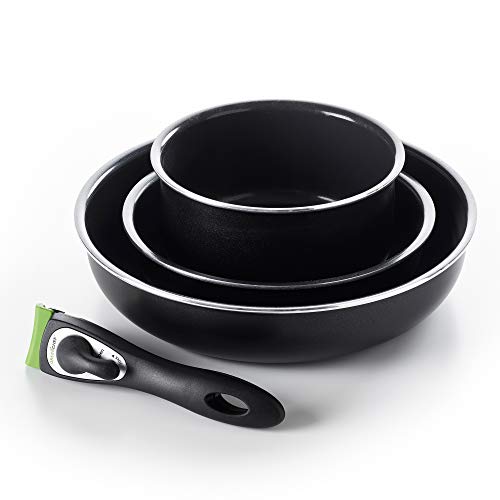 GreenChef CC001379-001 Set de Poêles et Casserole-Poignée Amovible-100% sans PFOA/PFA-Revêtement Antiadhésif Sain en Céramique-pour Induction/Four/Lave-Vaiselle-3 Pièces, Aluminium, Noir, 26 cm