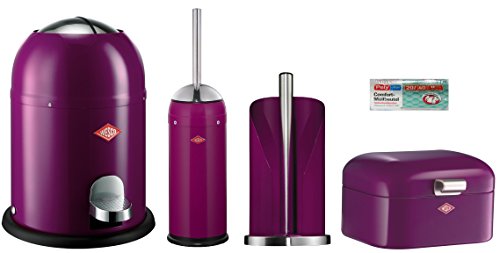 Wesco 4er Bad-Set brombeer mit 40 Müllbeutel, Single Master 9-Liter-Mülleimer + Toilettenbürste + Rollenhalter
