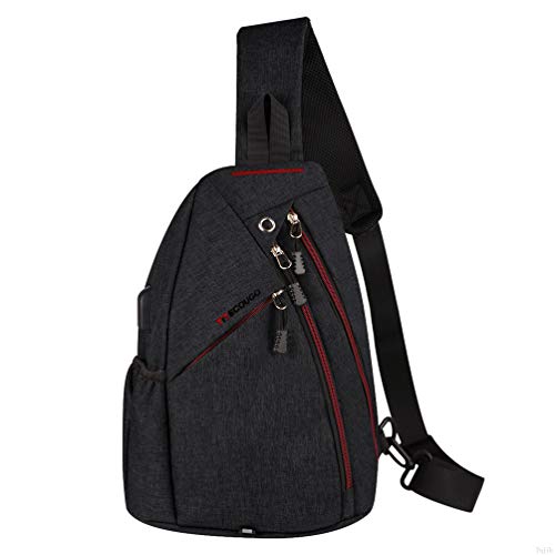 Black Sports Men Mens 1 Sling Backpack Breathable Lightweight Chest Bag Leather Tactical Shoulder Bags Packs Day Pack Daypack Cross Body Crossbody for Women Men Teens Waterproof Hiking Travel Bag USB
