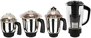Sunmeet Set of 4 Mixer Jar 3 Stainless Steel and 1 Juicer Jar (Chutney, Dry Grinding jar, Liquid Blending jar and Juicer Jar)|Standard Mixer Jar|Kitchen Tools|Mixer Grinder Steel jar with lid(Steel Black)