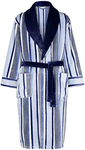 Walker Reid Mens 49" or 124cm Long Luxury 140GSM Soft Blue Striped Fleece Shawl Collared Belt Bath Robe Dressing Gown House Coat Size XXL